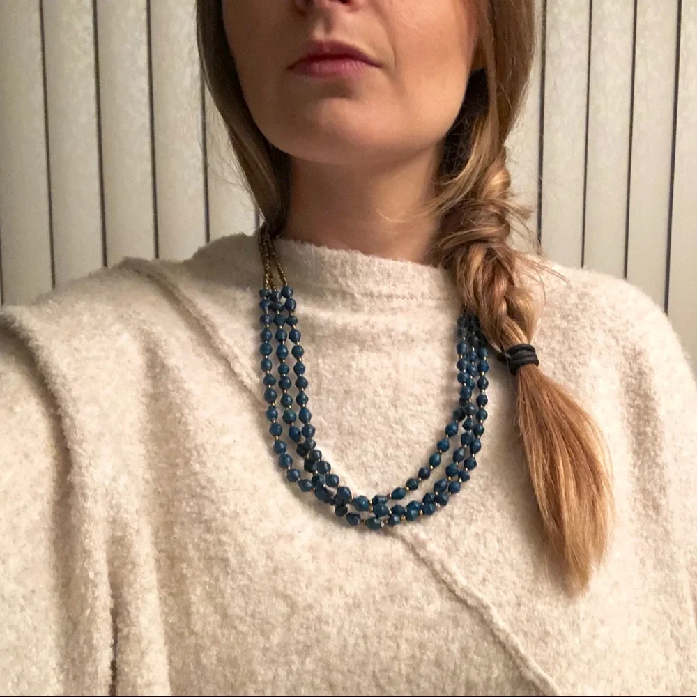 Teal Triple Strand Paper Bear Necklace